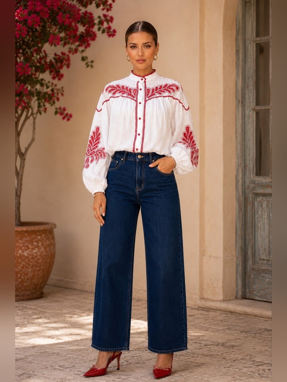 White Red Embroidery Ballon Top With Puffy Ballon Sleeves Butonned Up Shirt